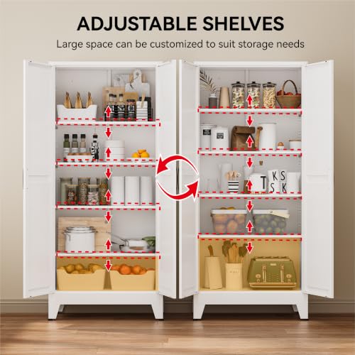Image of COFaR 71 inch White Farmhouse Pantry Cabinet with Doors and Adjustable Shelves | 5-tier kitchen pantry cabinet with square-panel doors and 4 adjustable shelves for laundry room, office or garage storage.