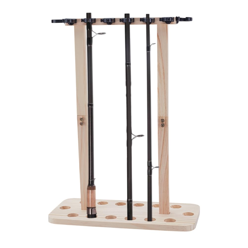 UNICRAFTALE Fishing Rods Storage Racks Holds Up to 14 Rods Wood Floor Stand Fishing Pole Holders for Wall Garage Ceiling Mount Portable Fishing Rod Organizer for Reels and Accessories