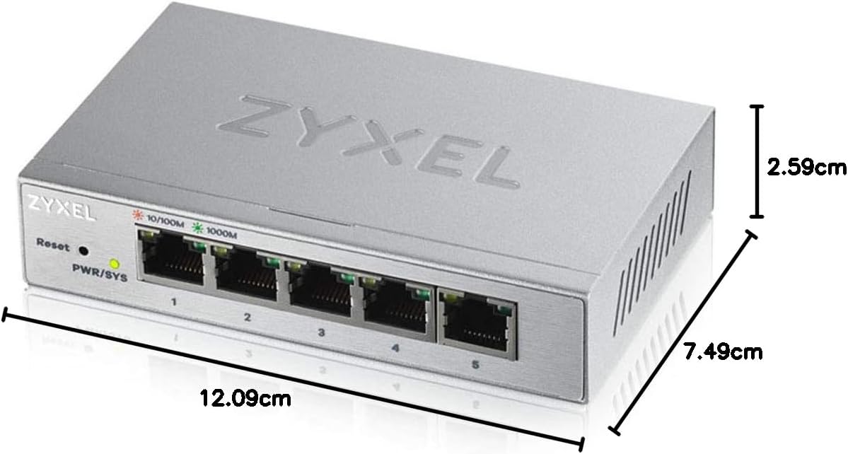 Przełącznik Zyxel GS1200-5 o podanych wymiarach: długość 12.09 cm, szerokość 7.49 cm, wysokość 2.59 cm.