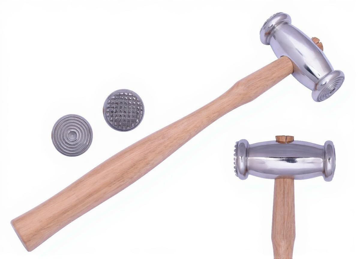 Dual Sided Texturing Hammer for Jewelry Making, Metal Smithing Tool with Wooden Handle, Thin Circles and Speckles Pattern, Repousse Craft Tool