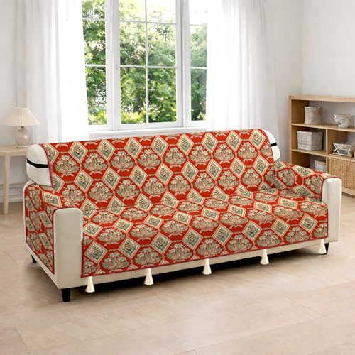 Image of Cloth Fusion 300 GSM Quilted Jaipuri Theme Printed 3 Seater Sofa Cover Mat-Style Fully Covered with Armrest Pockets, Adjustable Straps & Lock Fit (170 cm Seat Run, Diamond Trellis)