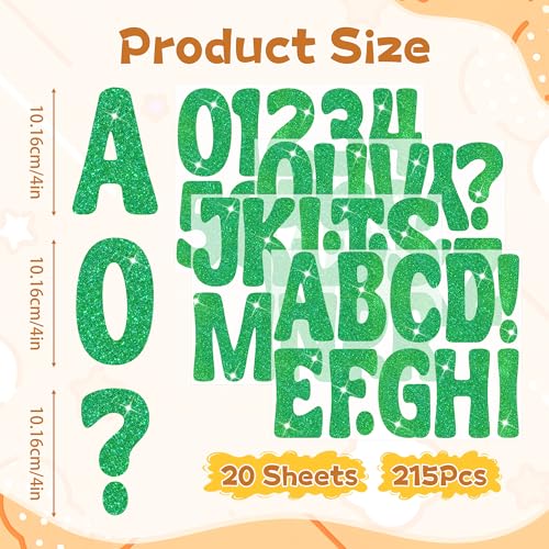 Image of Bulletin Board Letters 215 PCS Glitter Letter Stickers Large 4 Inch, Green | 20 Sheets,Alphabet Number Stickers,Self-Adhesive,Sticker Letters for Poster Board,Classroom,Display,Mailbox,Craft,Party Decor
