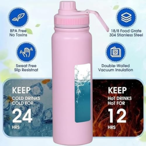 Image of Insulated Stainless Steel Water Bottle with Leakproof Lid | Double Wall Vacuum Flask | Keeps Cold 24 Hrs & Hot 12 Hrs | BPA-Free Wide Mouth Sports & Travel Water Bottle (Pink)