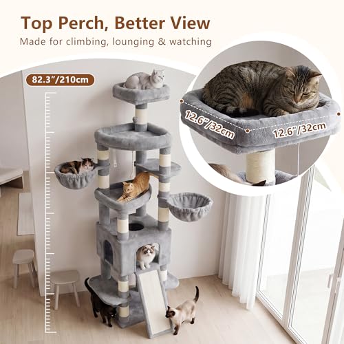 Image of Heybly Cat Tree, 82.7″ Extra Tall Cat Tower for Large Cats Adult HCT063W | Giant Cat Condo with Multi-Level Platforms, 2 Baskets, Spacious Cat Cave, Wide Sisal Scratching Board, Light Gray