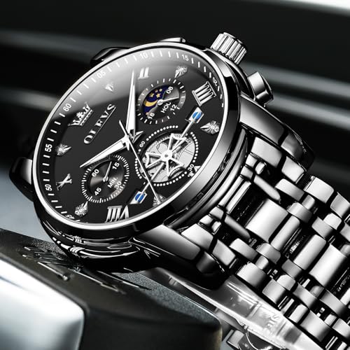Image of OLEVS Men Watches Stainless Steel Chronograph Watch, Large Wrist Analog Quartz Watch, Fashion Waterproof Diamond Roman Numerals Dress Watches for Men, Gold /Black /White /Blue /Grey Dial