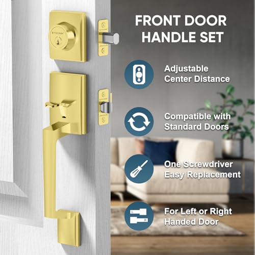 Image of TICONN Front Door Handle Set, Heavy Duty Square Door Lever & Single Cylinder Deadbolt Combo Reversible for Entrance Exterior Doors (Satin Brass)