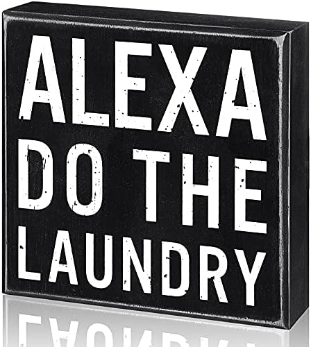 Classic Box Sign Wooden Box Sign Black White Box Sign Decorative Letters Wood Box Plaque for Shelf Living Room Bathroom Laundry Decor (Alexa Do The Laundry)