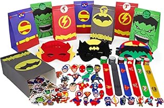 Superhero Party Bags Fillers set,114 Pcs Kids Party Favours Include Superhero Theme Masks,Keyring,Cute Toy, Stickers,Party Slap Bands, Candy Loot Bags Fillers Perfect for Game Prizes,Birthday Gifts