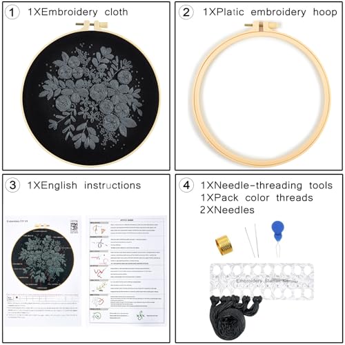 Image of Crafmanoe Embroidery Kits for Beginners Adults, Black Flowers Embroidery Starter Kits, Counted Cross Stitch Kits for Beginners Adults Hobbies Set for Women, Embroidery Hoops, Thread and Video Tutorial