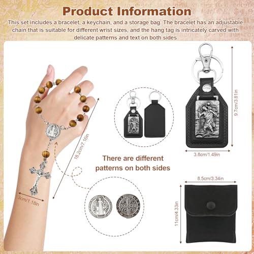 Rosenkranz Auto Innenraum, Holzperlen Gebetskette mit Rosenkranz & Kreuz als Rückspiegel Anhänger & Armband, Set mit Christopherus-Motiv Schlüsselanhänger & Samtbeutel, Geschenk für Männer Frauen