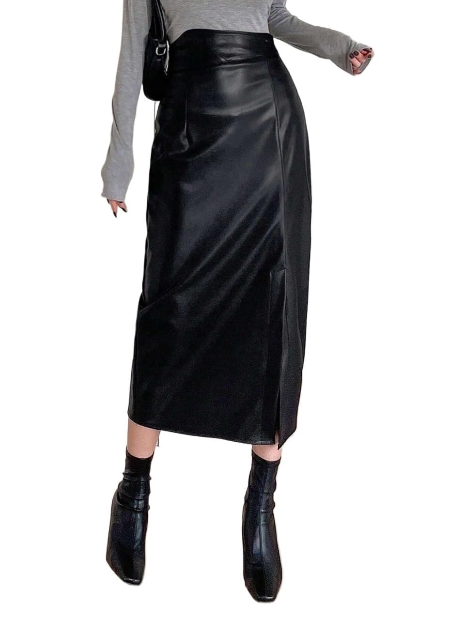 Pu Material Long Slit Midi Skirt Womens Basic Versatile Trendy Skirt