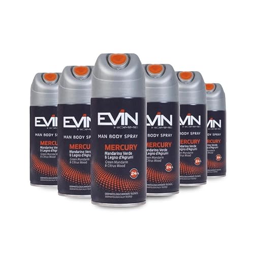 EVIN HOMME | Deodorante Uomo Spray Mercury, Fragranza Mandarino Verde e Legno d'Agrumi, Durata 24h, 6x150ml