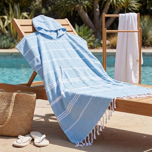 Twistover 1 Pcs Large Turkish Cotton Towel Poncho Surf Poncho Hooded Changing Towels Wearable Beach Towel Swim Robe with Pocket for Adult Men Women Beach Pool (Blue)