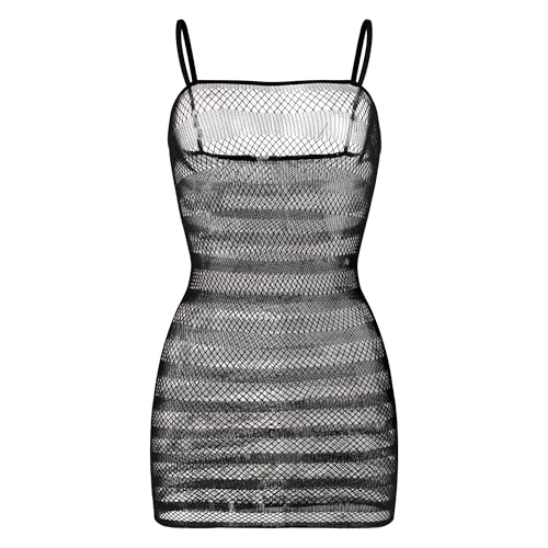NewBull Womens Fishnet Lingerie Sexy Dress Sheer Mesh Bodycon Transparent Striped Babydoll Sleeveless Mini Chemise Stretch Underwear Stripper Outfit Hollow Out Beach Cover Up Black