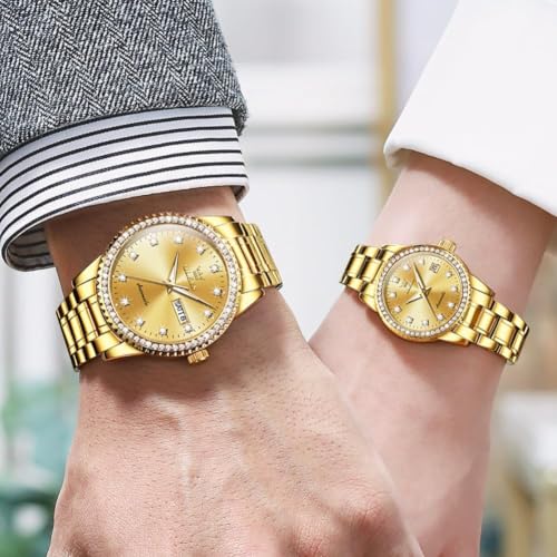 Image of OLEVS Couple Watch Men and Women His and Her Watches Set Analog Date Diamond Stainless Steel Waterproof Luminous Wrist Watch