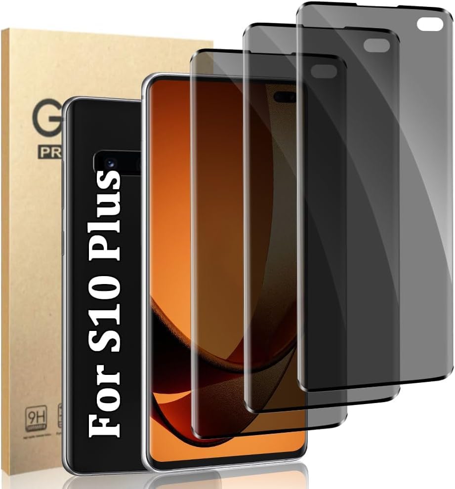 (3 Pack) Galaxy S10 Plus Privacy Screen Protector Tempered Glass 9H Hardness 3D Curved Full Coverage Bubble Free Support Fingerprint for Samsung Galaxy S10 Plus/S10+ 6.4 Inch