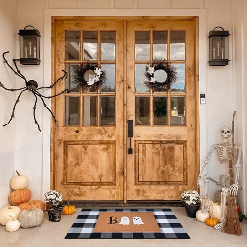 Halloween Door Mat Combo Set, Boo Ghost Coco Coir Welcome Doormat + 28" x 43" Black and White Plaid Rug, Autumn Halloween Front Porch Entryway Decor Floor Mat - image 9