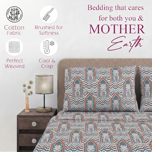 Image of Trance Home Linen 100% Cotton 144TC Elastic Fitted Bedsheet | Printed Single Size Bed Elasticated Fitted Bedspread with 1 Pillow Cover (72x36 inch, Mihrab Blue)