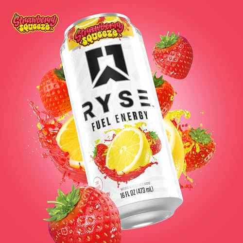 Image of RYSE Fuel Energy Drink - Strawberry Squeeze - Sugar Free, Gluten Free & Vegan - 200mg Natural Caffeine, Taurine & Choline for Focus & Energy - No Artificial Colors - 16 fl oz Cans (12-Pack)