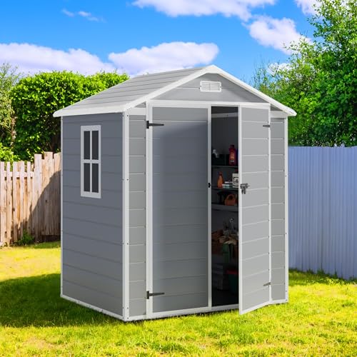 Image of Greesum 6x4FT Plastic Outdoor Storage Shed, Resin Shed with Floor and Window, Tool Sheds with Lockable Door and Vent, for Garden, Garage, Backyard, Lawn, Light Gray