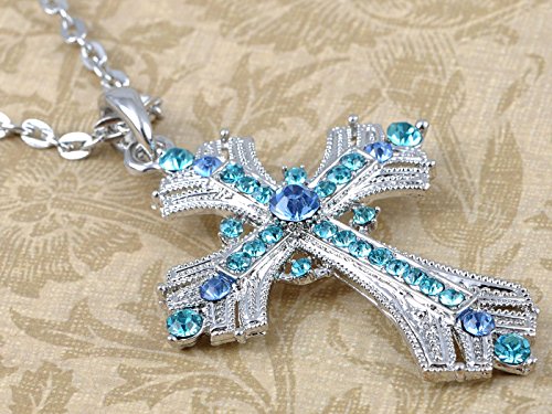 Image of Alilang Silvery Tone Religious Cross Pendant Necklace w /Aquamarine Blue Or Clear Crystal Rhinestones