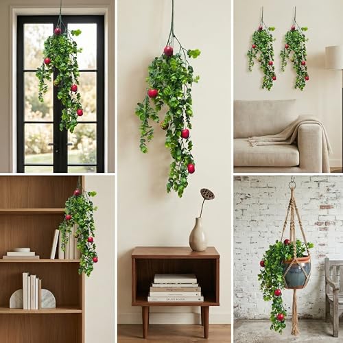 Image of Dekorly 2 Pack Artificial Plants Artificial Hanging Plants Faux Eucalyptus Leaf Greenery Fake Hanging Eucalyptus Plant (Green) (2, Cherry)