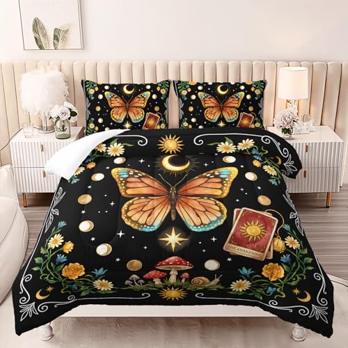 Image of AILONEN Full Celestial Butterfly Comforter Set, Moon Phase Botanical Mushroom Bedding, Boho Night Sky Decor, Lightweight Cozy Microfiber Teens Gamer Cool Loft