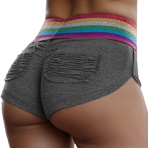 Womens Booty Scrunch Shorts Sexy Butt Lifting Ruched Shorts High Waist Dance Workout Hot Pants with Pockets Rainbow Waist Light Grey XL
