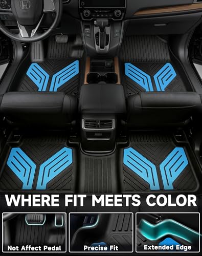Image of Premium Color TPE Floor Mats Custom Fit for Honda CR-V 2017-2022 (Gasoline & Hybrid CRV), Hydro Blue Wing Design | All-Weather Heavy Duty Car Floor Liners Full Set 1st & 2nd Row