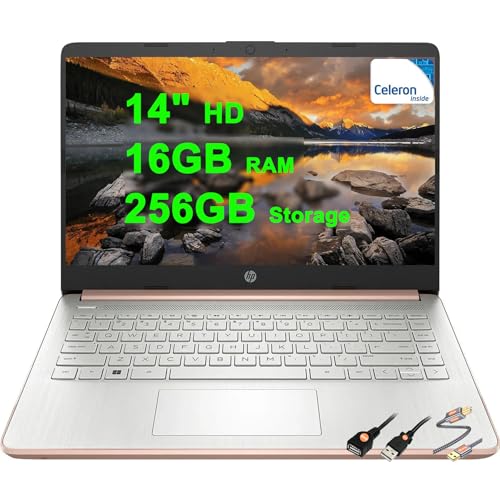 HP 14 軽量 ビジネス & 学生 ノートパソコン 14インチ HD アンチグレア Intel Celeron 4コア N4120 16GB RAM 256GB ストレージ (128GB eMMC + 128GB SDカード) USB-C 高速充電 長時