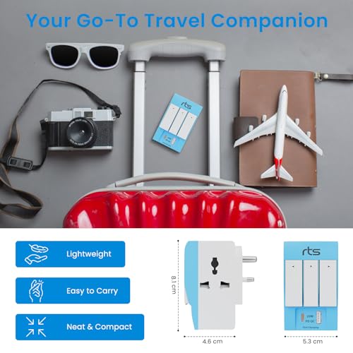 Image of Rts 3 Pin Multi Plug Socket-Worldwide Universal Travel Adapter with USB Ports & Type-C PD Individual Switch Safety Shutter LED Indicator-3 Way Plug Socket (5A-250V) Type D Plug for Home Office Blue