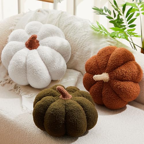 Juexica Gefülltes Kürbiskissen, flauschiges Plüsch, 3D-Kürbis-Form, Dekoration, Herbst, Erntedankfest, Halloween, niedlich, weich, Überwurf für Sofa, Couch, Zubehör (Weiß, Dunkelgrün, Braun), 3 Stück