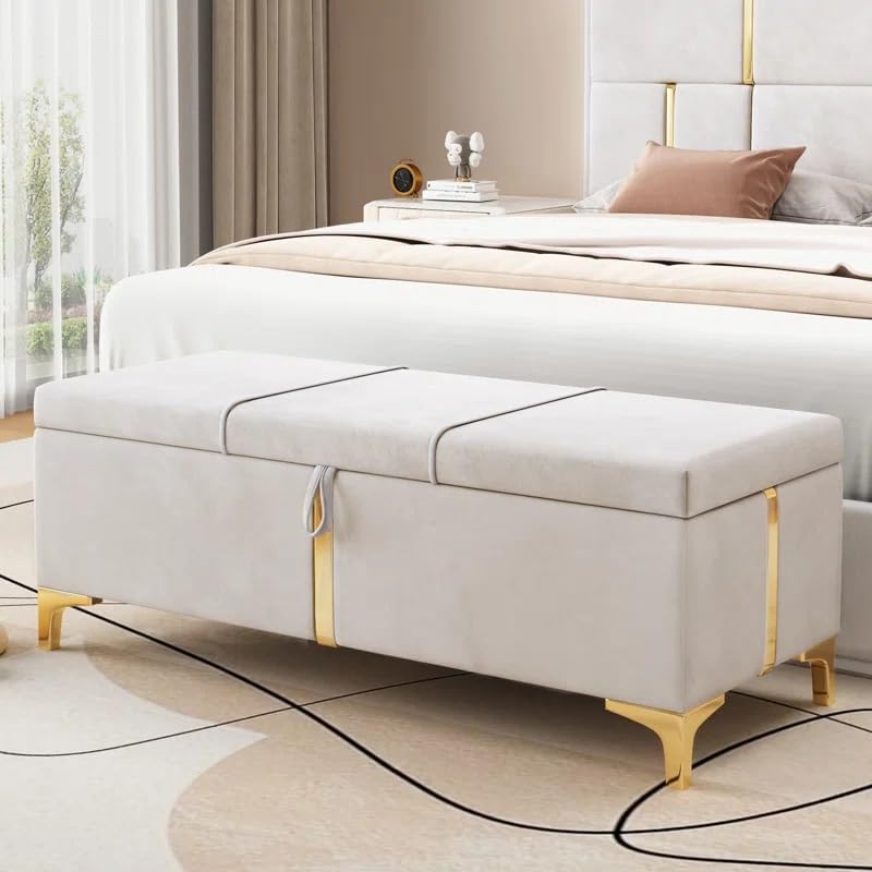 Image of LEGACY OF COMFORT Varvara Upholstered Ottoman Storage Bench for Living Room Velvet Chest for Sofa Couch Bedroom Entryway Ottoman (Beige)