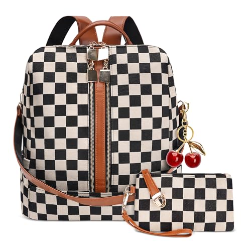 idoltimes Checkered Backpack Purse for Women Plaid Back Pack Handbag Fashion Everyday Shoulder Bag with Wallet
