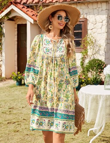 Image of Bluetime Women Casual Summer Dress Boho V Neck 3 /4 Sleeve Babydoll Floral Print Flowy Beach Dress