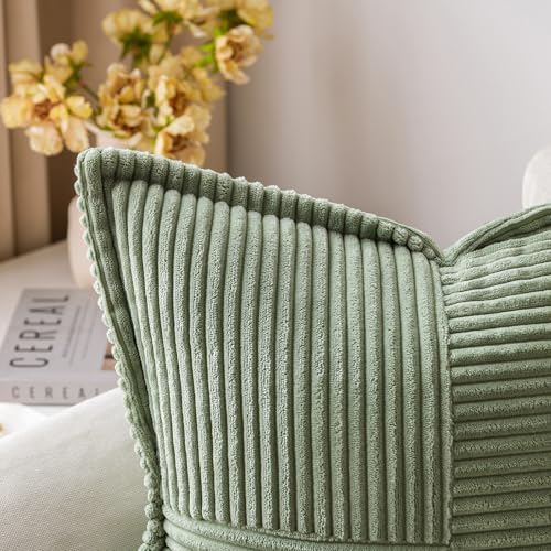 Image of MIULEE Decorative Throw Pillow Covers for Couch Bed Livingroom 20x20 Inch Set of 2 Light Olive Green Boho Accent Throw Pllows Broadside Striped Patchwork Soft Corduroy Summer Pillowcases
