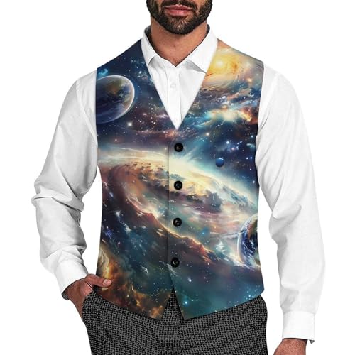 Galaxy Planet Men's Suit Vest Waistcoat Vests Formal Dress with 2 Pockets for Business Casual Tuxedo
