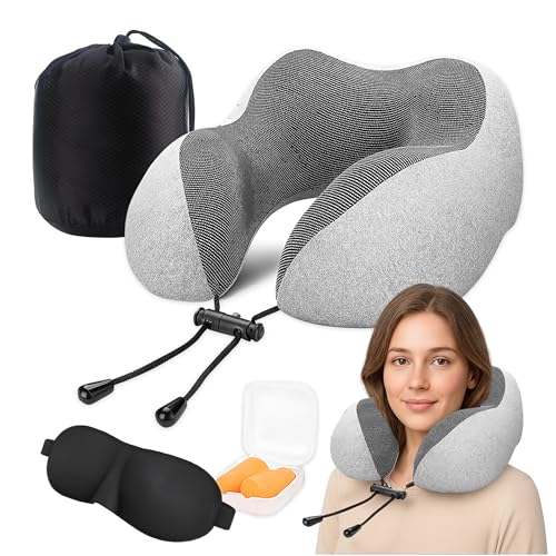 NOVA DEVA™ Travel Neck Pillow – Adjustable Memory Foam U-Shaped Support Cushion with Washable Cover for Airplane Train Office Home Nap. Includes 3D Eye Mask, Earplugs & Bag (Light Gray)
