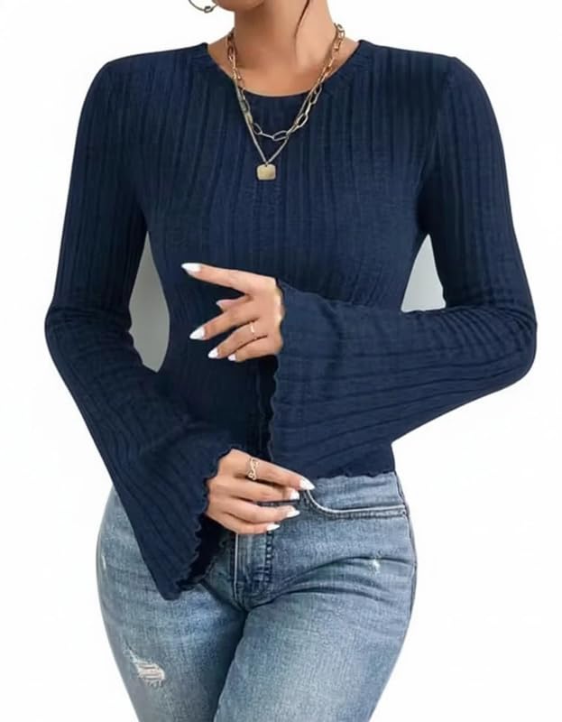 Women Ribbed Knit Top Round Neck Long Bell Sleeve Slim Fit Casual Winter Sweater Stretchable Soft Pullover Stylish Fashion Top BeigeBlack-image-6