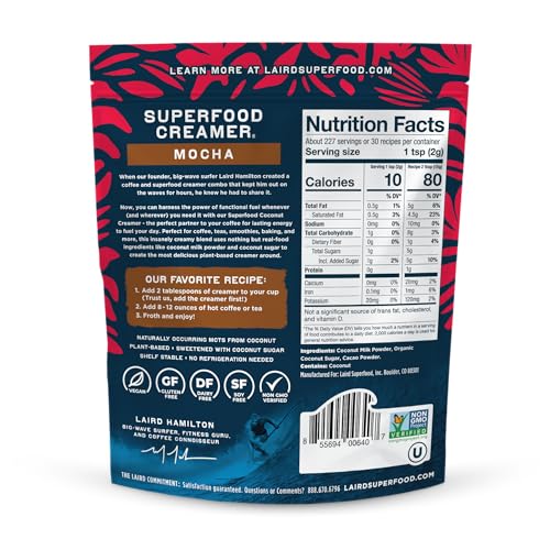 Image of Laird Superfood Non-Dairy Coffee Creamer Mocha, Shelf-Stable Superfood Non-Dairy Powder Creamer, Gluten Free, Non-GMO, Vegan, 16 oz. Bag, Pack of 2