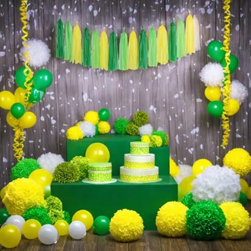 Image of Green Light Green and Yellow Tassel Garland Banner Paper Tassels for Party Decorations,Pack of 15
