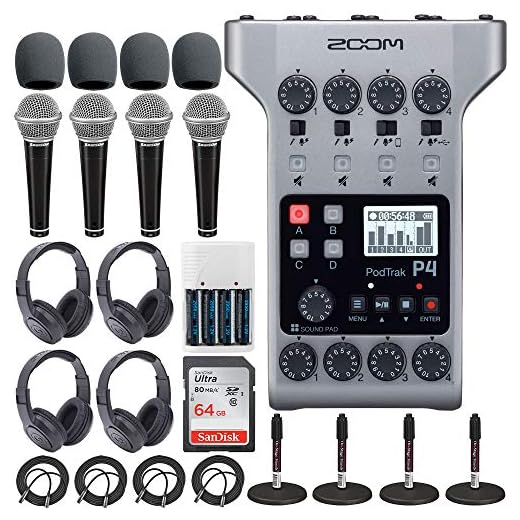 Zoom PodTrak P4 Portable Multitrack Podcast Recorder + 64GB SDXC Memory Card + 4x Dynamic Cardioid Handheld Mic + 4x Stereo Headphones + 4x Foam Windscreens + 4x Desk Mic Stand + Batteries & Charger