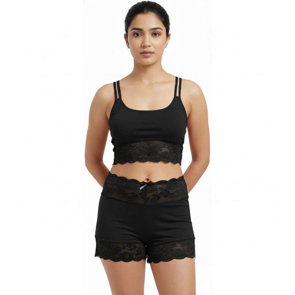 Women’s Soft Cotton Lycra Lace Cami Top & Shorts Nightwear Set | Stylish Sleepwear & Lounge Wear for Girls-image-22