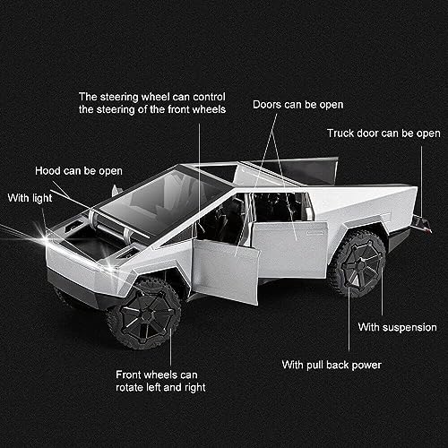 Image of DEUSON ECOM 1:24 Scale Cyber Truck Toy Car for Kids Diecast Metal Model Cars with Light Sound Pull Back and Openable Door Car Toy