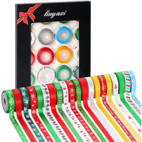 LIUYAXI 100 Yards 20 Rolls Christmas Ribbons,3/8 Inch Wide Printed Grosgrain Ribbon Metallic Glitter Holiday Festival Christmas Satin Ribbons for Gift Wrapping Crafts Xmas Decorations Cover