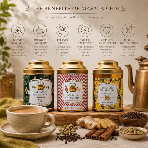 Image of Sancha Tea Boutique, Masala Chai Bundle, Value Pack with Turmeric Masala Chai, Original 3 Spice & Cardamom Masala Tea, 50 Pyramid Tea Bags & 100g Loose Leaf