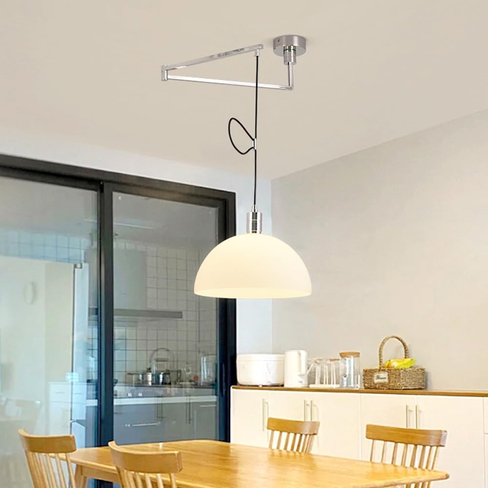 LYMSXAZOU Nordic Mid Century Wooden White Glass Chandelier Lampshade Modern Swing Arm Chrome Pendant Light Industrial Farmhouse Long Ceiling Lamp For Kitchen Island Dining Room Cafe