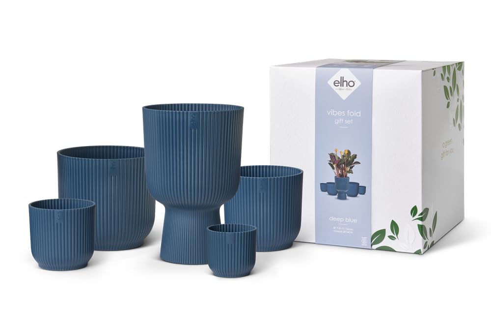 elho Vibes Fold Round - Set regalo di vasi per piante da interni, 100% plastica riciclata, set da 5, Ø 7, 9, 11, 14 e 14 cm, colore: blu/blu scuro