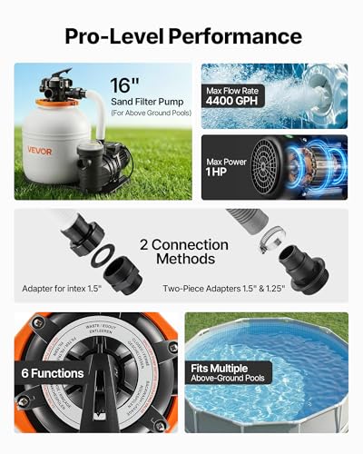Image of VEVOR FlashPure Sand Filter Pump 16 inch 1 HP Swimming Pool Filter System | for Above Ground Pool, 4400 GPH Flow, 6X Faster Filtration, Leak-Resistant, Media Included Easy Installation, 24-Hour Timer