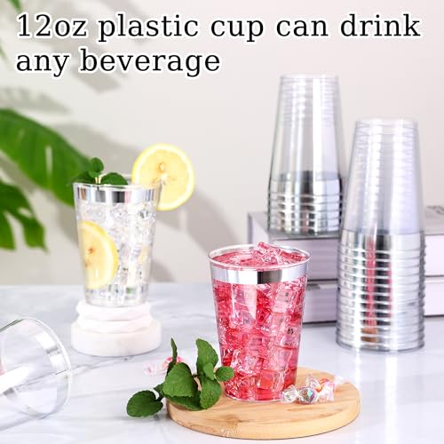 Image of 50 Pcs Silver Plastic Cups,12oz Silver Rimmed Plastic Cups,Heavy Duty Disposable Plastiic Wine Glasses Cocktail Glasses Premium Cup with Silver Rim for Party,Wedding,Christmas